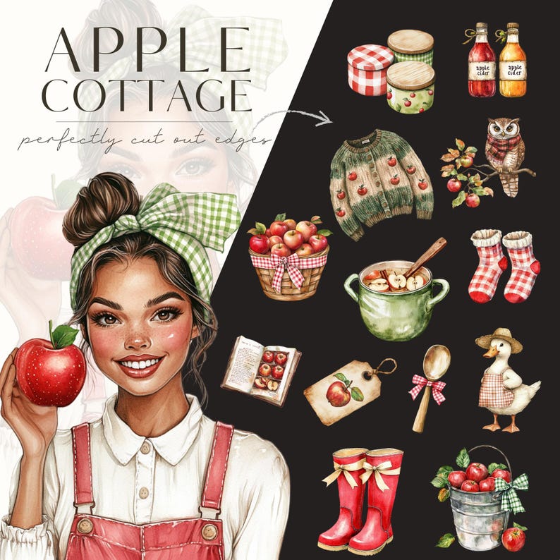 Akvarell mysig höst Clipart, höst PNG, höstvibbar, röd lada, mysig gård, höstäppelskörd, digitala klistermärken, scrapbooking, kommersiell bild 8