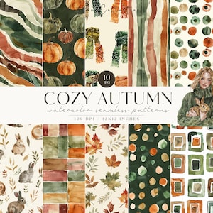 Modelli senza cuciture rustici autunnali accoglienti dell'acquerello, JPG autunno neutro, modello ripetuto, Scrapbooking, foglie, zucca, plaid, licenza commerciale