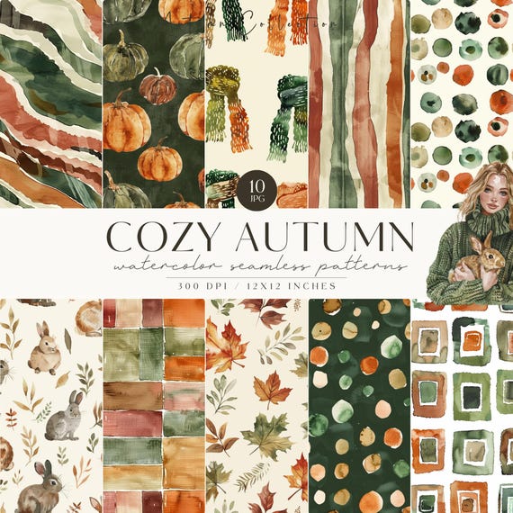 Watercolor Cozy Autumn Rustic Seamless Patterns, Neutral Fall JPG, Repeating Pattern, Scrapbooking, Leaves, Pumpkin,Plaid,Commercial License