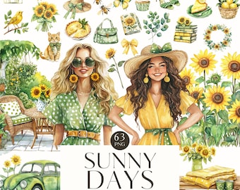 Aquarelle tournesol été Clipart, ambiance estivale, cottagecore, floral, PNG jaune, Junkjournal, autocollants numériques, scrapbooking, usage Commercial