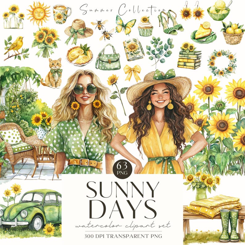 May include: A watercolor clipart set with 63 images featuring two women in summer outfits, sunflowers, lemons, a car, a cat, a hat, a purse, a book, a cup, a cupcake, a butterfly, bees, and other summer-themed elements. The text "Sunny Days" is written in large letters at the bottom of the image.