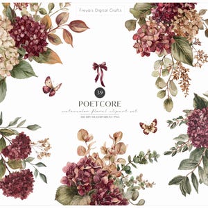 May include: A digital collection of watercolor floral clipart titled Poetcore by Freya's Digital Crafts. The set features 39 elements including deep burgundy and cream hydrangea clusters, green foliage, two butterflies, and a dark ribbon bow.