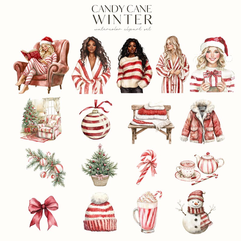 May include: Watercolour clipart set featuring a winter theme with candy cane stripes. The set includes a woman in a red and white striped robe, a woman in a red and white striped sweater, a woman in a red and white striped robe, a woman in a red and white striped sweater, a red and white striped ornament, a red and white striped bench, a red and white striped jacket, a red and white striped Christmas tree, a red and white striped candy cane, a red and white striped teapot, a red and white striped mug, a red and white striped hat, a red and white striped snowman, and a red and white striped bow.