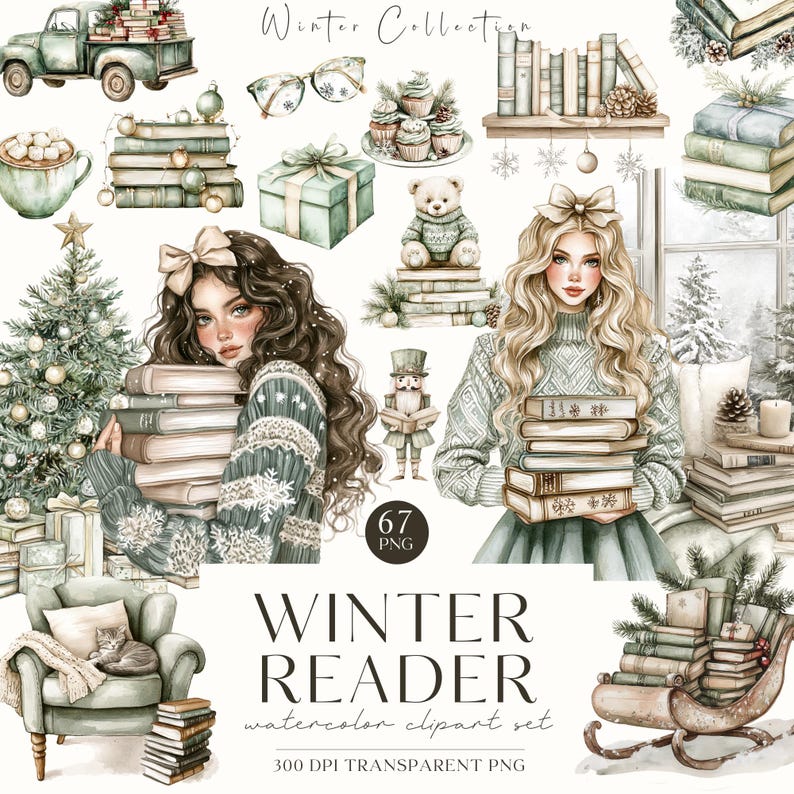 May include: A watercolor clipart set featuring winter-themed illustrations, including a Christmas tree, a cosy armchair, a sledge, a nutcracker, a teddy bear, and two women holding stacks of books. The set includes 67 PNG files, each with a transparent background.