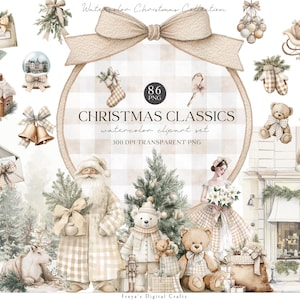 Puede incluir: Conjunto de imágenes prediseñadas navideñas en acuarela con varios elementos festivos. La imagen incluye a Papá Noel, osos de peluche, un árbol de Navidad y otras ilustraciones temáticas navideñas. El texto "Christmas Classics" se muestra.