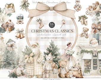 Watercolor Neutral Christmas Clipart, Cozy Rustic Christmas Graphics, Neutral Winter PNG, Scrapbooking, Digital Download and Commercial Use