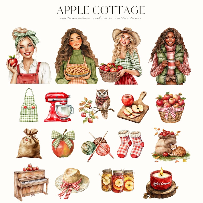 Akvarell mysig höst Clipart, höst PNG, höstvibbar, röd lada, mysig gård, höstäppelskörd, digitala klistermärken, scrapbooking, kommersiell bild 5