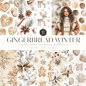 Patrones rústicos sin costuras de pan de jengibre acogedores para invierno, JPG navideño neutro, patrón repetido, álbum de recortes, reno, beige, uso comercial