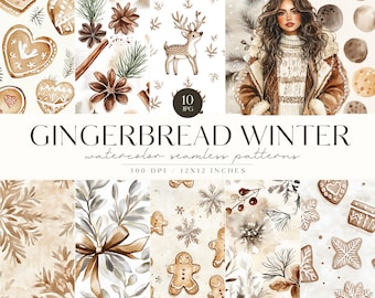 Cozy Winter Gingerbread Rustic Seamless Patterns, Neutral Christmas JPG, Repeating Pattern, Scrapbooking, Reindeer, Beige ,Commercial Use