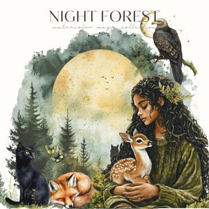 May include: A watercolour painting of a young woman with long dark hair holding a fawn in a woodland setting. The moon is full and bright in the sky. There is a black cat, a fox, and a bird in the scene. The painting is titled "Night Forest Watercolor Magic Collection."