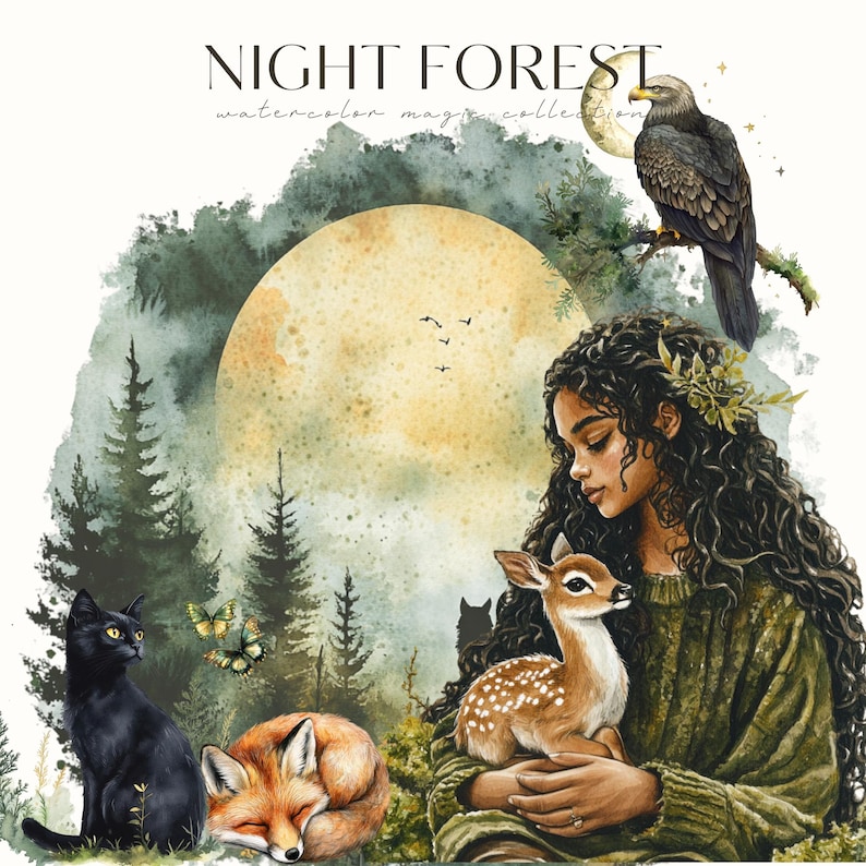May include: A watercolour painting of a young woman with long dark hair holding a fawn in a woodland setting. The moon is full and bright in the sky. There is a black cat, a fox, and a bird in the scene. The painting is titled "Night Forest Watercolor Magic Collection."