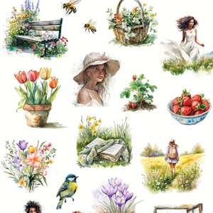 Watercolor Spring ClipArt- Happy Spring-Floral Clipart-Junk Journal-Scrapbook-Watercolor Garden-Cozy Spring-Digital Stickers-Commercial Use image 2
