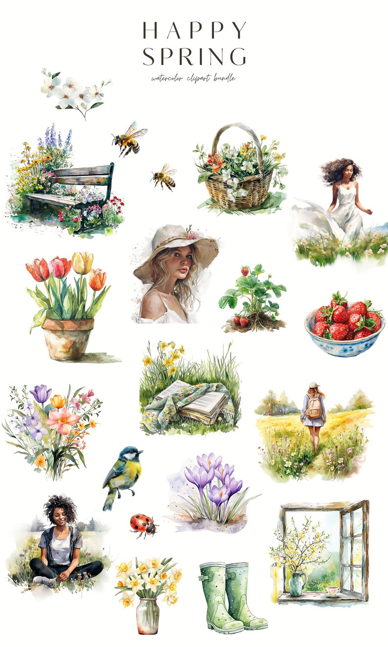 Watercolor Spring ClipArt- Happy Spring-Floral Clipart-Junk Journal-Scrapbook-Watercolor Garden-Cozy Spring-Digital Stickers-Commercial Use image 2