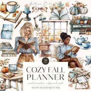Cosy automne planner Clipart, journal neutre aquarelle, graphiques PNG automne, bleu, lecture d'automne, rat de bibliothèque, Cottagecore, licence commerciale