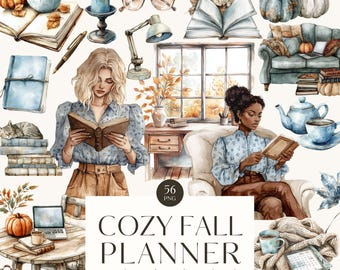 Cozy Autumn Planner Clipart, Watercolor Neutral Journaling, Fall PNG Graphics, Blue, Fall Reading, Bookworm, Cottagecore, Commercial Licence