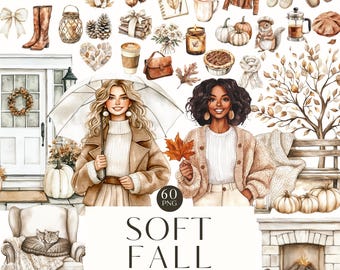 Watercolor Cozy Neutral Autumn Clipart, Artful Autumn PNG, Beige Autumnal Vibes, Fall Girls, Digital Stickers, Scrapbooking, Commercial Use