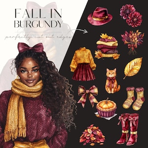 May include: A watercolour illustration featuring a woman in a burgundy sweater and yellow scarf, alongside fall-themed items. These include a hat, sweaters, leaves, a cat, and boots. The text reads "Fall in Burgundy".