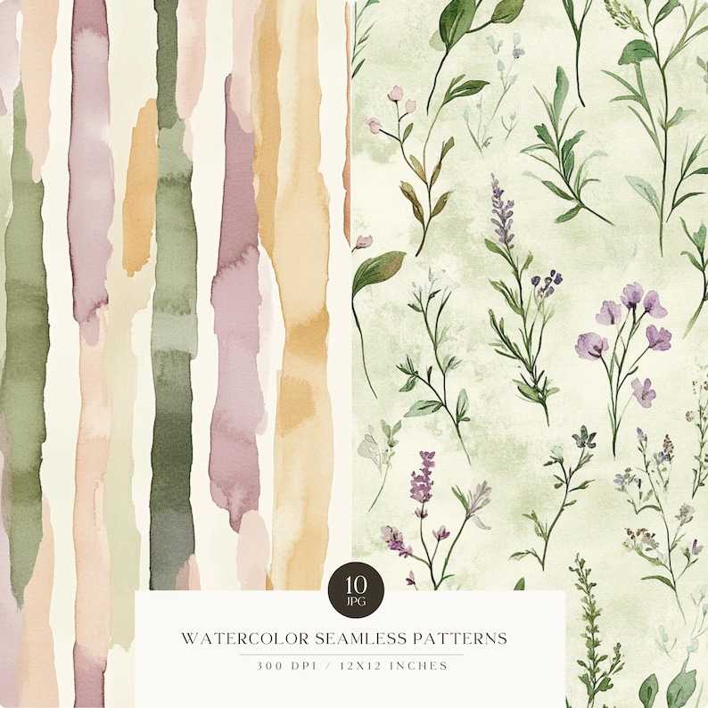 May include: Two watercolor seamless patterns. The first pattern features vertical stripes in shades of pink, green, and yellow. The second pattern features a green background with small purple flowers and green leaves.