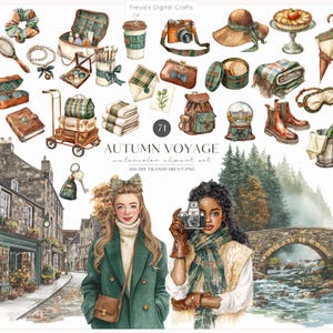 Op de afbeelding: Watercolor clipart set getiteld "Autumn Voyage" met diverse illustraties met een reisthema. Inclusief een camera, hoed, bagage, laarzen en een sneeuwbol. De set bevat ook twee vrouwen en een achtergrond.