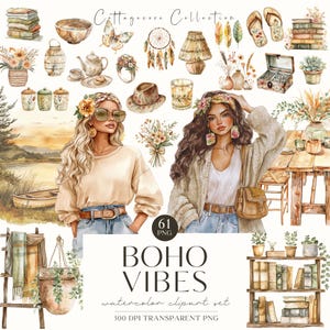 Aquarell rustikale Boho Clipart, Boho Vibes, Boho Haus Illustration, Boho Sommer, Traumfänger, digitale Aufkleber, Scrabook, kommerzielle Nutzung