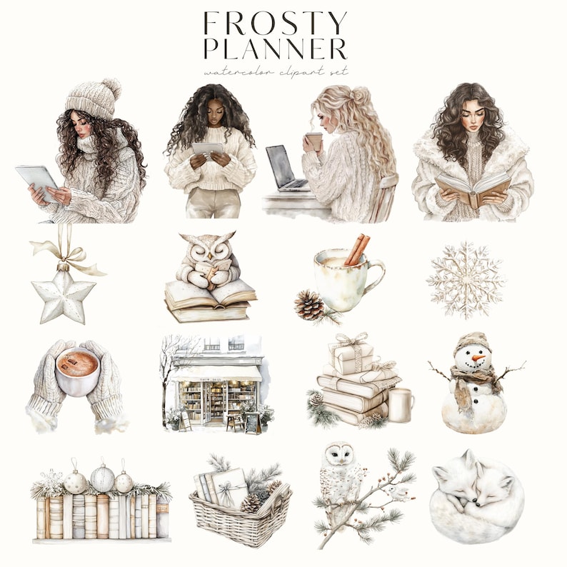 K&ouml;nnte beinhalten: Ein Set mit Aquarell-Illustrationen mit winterlichen Motiven und Objekten. Das Set enth&auml;lt Bilder von Frauen, die B&uuml;cher lesen, eine Schnee-Eule, eine Tasse hei&szlig;e Schokolade, einen Schneemann, eine Schneeflocke, einen Sternenschmuck, einen Stapel B&uuml;cher, eine Buchhandlung und einen schlafenden Fuchs. Die Illustrationen sind in einer weichen, gedeckten Farbpalette gehalten und haben einen verspielten, gem&uuml;tlichen Charakter.