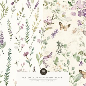 May include: A set of 10 watercolor seamless patterns featuring delicate floral designs with butterflies. The patterns are perfect for creating digital or printed designs for fabrics, wallpaper, stationery, and more.