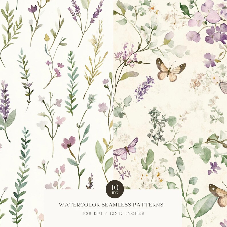 May include: A set of 10 watercolor seamless patterns featuring delicate floral designs with butterflies. The patterns are perfect for creating digital or printed designs for fabrics, wallpaper, stationery, and more.