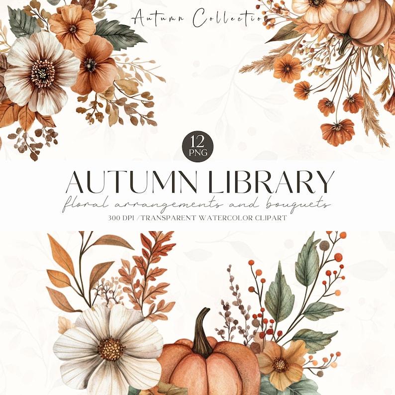 Watercolor Autumn Floral Clipart, Rustic Fall Floral Bouquet, Fall Pumpkin PNG, Wedding Invite, Digital Stickers, Scrapbook, Commercial Use image 1