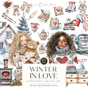 Imágenes prediseñadas del día de San Valentín, imágenes prediseñadas de amor, amor romántico en una cabaña, cabaña de invierno, corazón, parejas, cottagecore, pegatinas digitales, comerciales
