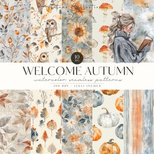 Modelli senza cuciture autunnali accoglienti dell'acquerello, JPG autunno neutro, modello ripetuto, album di ritagli, blu, foglie, zucca, gufo, plaid, uso commerciale