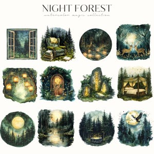May include: A set of 12 watercolour illustrations featuring a magical night forest. The illustrations include a window looking into the forest, a cosy armchair, a glowing stone, a fairy door, a canopy bed, a moonlit forest, and more.
