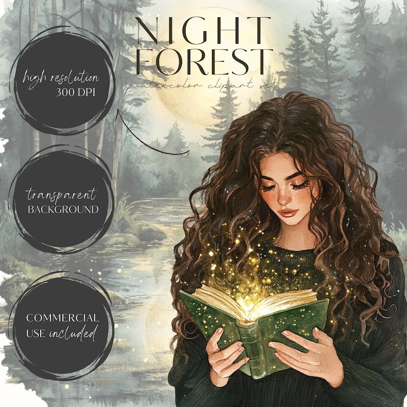 May include: A watercolour illustration of a woman with long brown hair reading a book in a forest at night. The book is glowing with magical light. The image is set against a backdrop of trees and a river. The text "NIGHT FOREST watercolour clipart set" is visible at the top of the image.