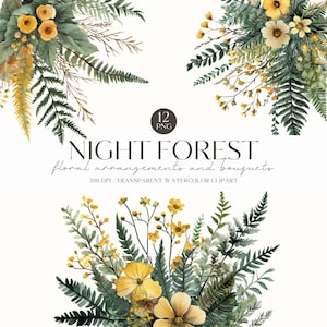 Clipart de samambaia aquarela, clipart de floresta, clipart de bosque, arranjo floral, convite de casamento, adesivos digitais, álbum de recortes, comercial