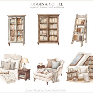 K&ouml;nnte beinhalten: Ein digitales Illustrationsset mit dem Titel BOOKS & COFFEE, das Aquarellgrafiken von zwei h&ouml;lzernen B&uuml;cherregalen, einem Leiterregal mit B&uuml;chern, einem Bett mit Nachttisch und Lampe, einer Chaiselongue mit Buch und einer Leseecke zeigt.