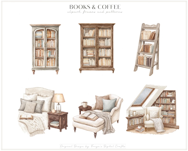 K&ouml;nnte beinhalten: Ein digitales Illustrationsset mit dem Titel BOOKS & COFFEE, das Aquarellgrafiken von zwei h&ouml;lzernen B&uuml;cherregalen, einem Leiterregal mit B&uuml;chern, einem Bett mit Nachttisch und Lampe, einer Chaiselongue mit Buch und einer Leseecke zeigt.