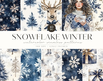 Cozy Snowflake Winter Seamless Patterns, Snowflake Christmas JPG, Repeating Pattern, Scrapbooking, Reindeer, Pine Tree, Blue, Commercial Use
