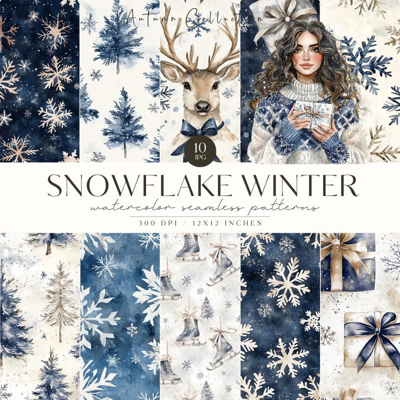 May include: A set of 10 digital watercolour seamless patterns featuring winter themes. The patterns include snowflakes, ice skates, trees, gifts, and a deer. The patterns are in shades of blue, white, and gold. The text "SNOWFLAKE WINTER watercolour seamless patterns 300 DPI / 12X12 INCHES" is included in the image.