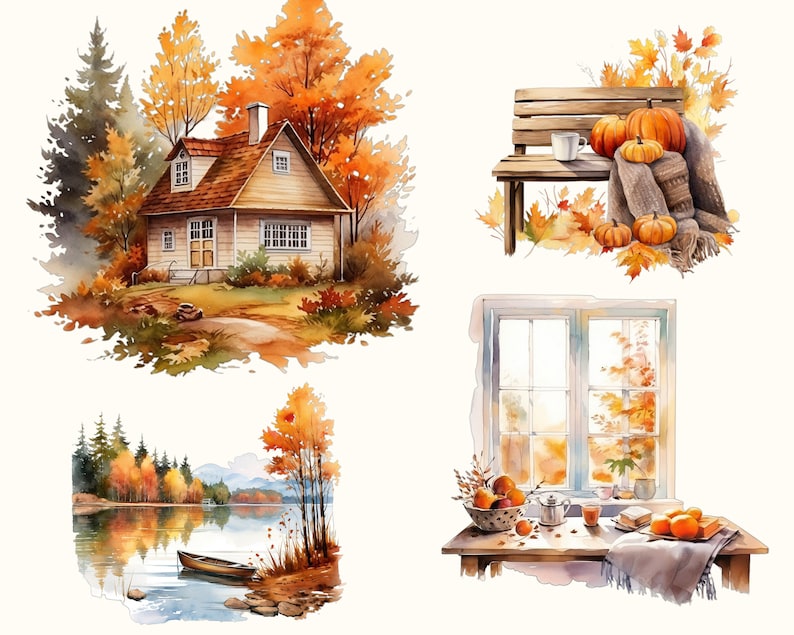 Höstscener - Akvarell höst ClipArt Set - Höst Clipart - Höstillustrationer - Grafik - Kommersiell licens - Höststuga - Höst och hösthelg bild 2