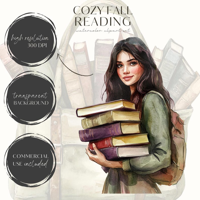 Op de afbeelding: Een aquarel-illustratie van een vrouw die een stapel boeken vasthoudt. Ze draagt ​​een groene jas en heeft lang bruin haar. De achtergrond is een stapel boeken met een bruine leren tas.