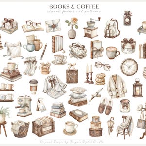 K&ouml;nnte beinhalten: Eine Sammlung von Aquarellillustrationen mit B&uuml;chern, Kaffeetassen, Lesebrillen, gem&uuml;tlicher Kleidung, M&ouml;beln und Wohnaccessoires. Der Text "BOOKS & COFFEE" erscheint oben, gefolgt von "clipart, frames and patterns" darunter.