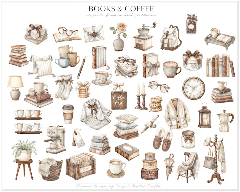 K&ouml;nnte beinhalten: Eine Sammlung von Aquarellillustrationen mit B&uuml;chern, Kaffeetassen, Lesebrillen, gem&uuml;tlicher Kleidung, M&ouml;beln und Wohnaccessoires. Der Text "BOOKS & COFFEE" erscheint oben, gefolgt von "clipart, frames and patterns" darunter.