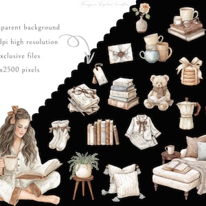 K&ouml;nnte beinhalten: Eine digitale Sammlung von Aquarellillustrationen mit einer lesenden Person, B&uuml;cherstapeln, einem Teddyb&auml;ren, einer Kaffeekanne, Schlafanz&uuml;gen, Socken, Kissen, einer R&eacute;camiere, Kerzen und dekorativen Gegenst&auml;nden auf schwarzem Hintergrund.