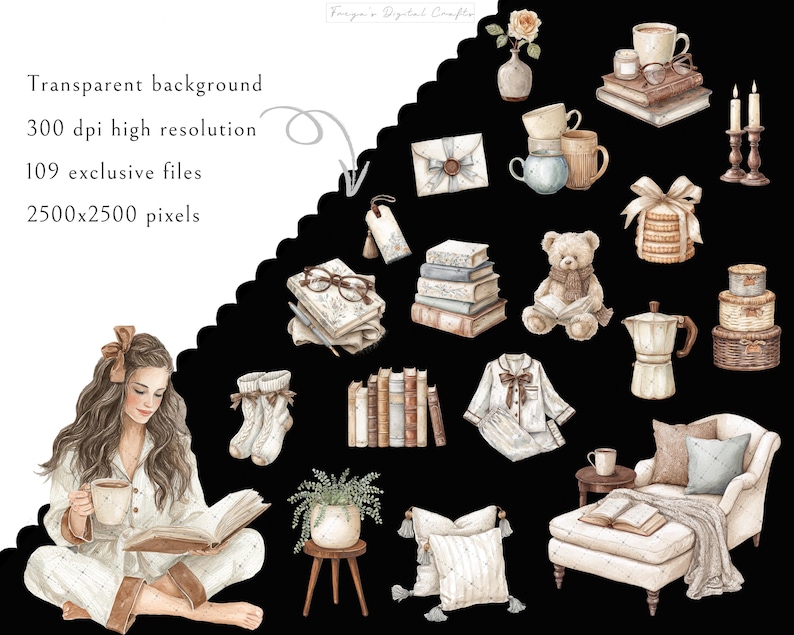 K&ouml;nnte beinhalten: Eine digitale Sammlung von Aquarellillustrationen mit einer lesenden Person, B&uuml;cherstapeln, einem Teddyb&auml;ren, einer Kaffeekanne, Schlafanz&uuml;gen, Socken, Kissen, einer R&eacute;camiere, Kerzen und dekorativen Gegenst&auml;nden auf schwarzem Hintergrund.