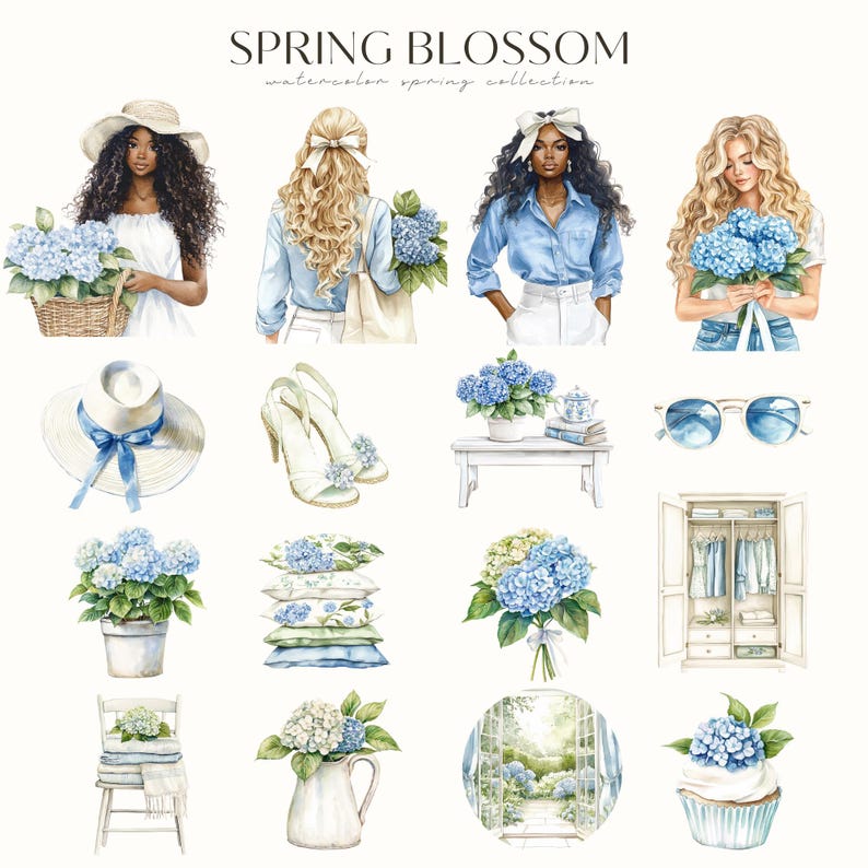 May include: A collection of watercolor illustrations featuring hydrangeas, women in spring outfits, and home decor items. The illustrations are in a soft, romantic style and feature a variety of blue and white colors.