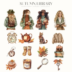 May include: Watercolor illustration titled "AUTUMN LIBRARY" featuring women, books, and fall-themed items. Includes a teapot, cat, sweater, alarm clock, pocket watch, socks, candle, magnifying glass, and key. The color palette is warm with oranges, browns, and greens.