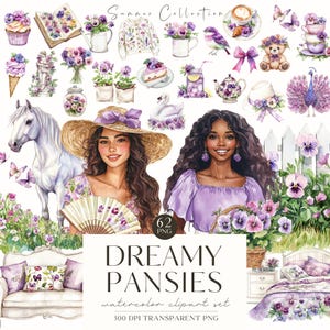 Clipart de pensamientos florales en acuarela, clipart de verano, clipart romántico en acuarela, estilo cottagecore, descarga digital, álbum de recortes, uso comercial