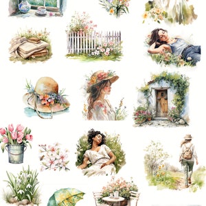 Watercolor Spring ClipArt- Happy Spring-Floral Clipart-Junk Journal-Scrapbook-Watercolor Garden-Cozy Spring-Digital Stickers-Commercial Use image 5