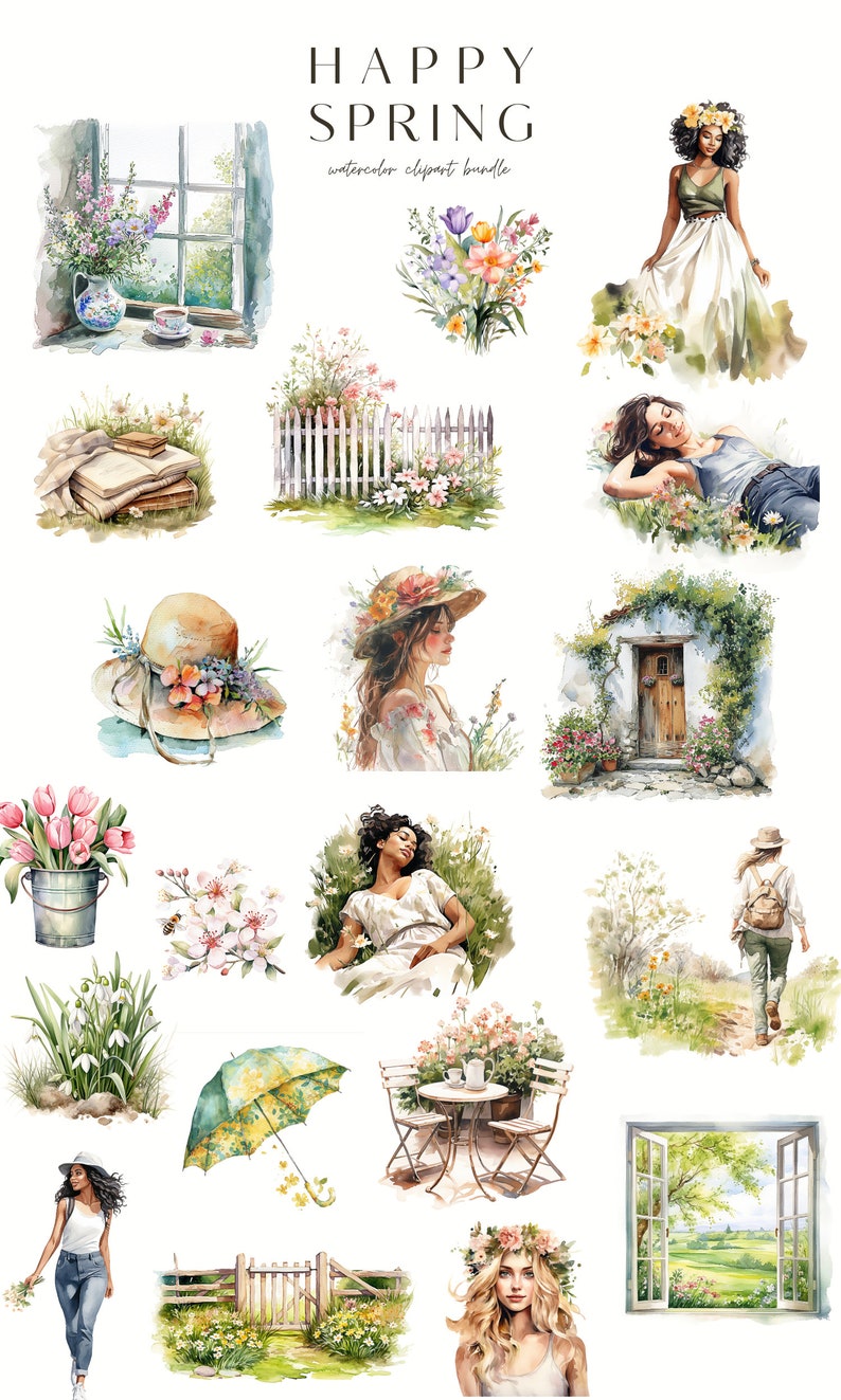 Watercolor Spring ClipArt- Happy Spring-Floral Clipart-Junk Journal-Scrapbook-Watercolor Garden-Cozy Spring-Digital Stickers-Commercial Use image 5