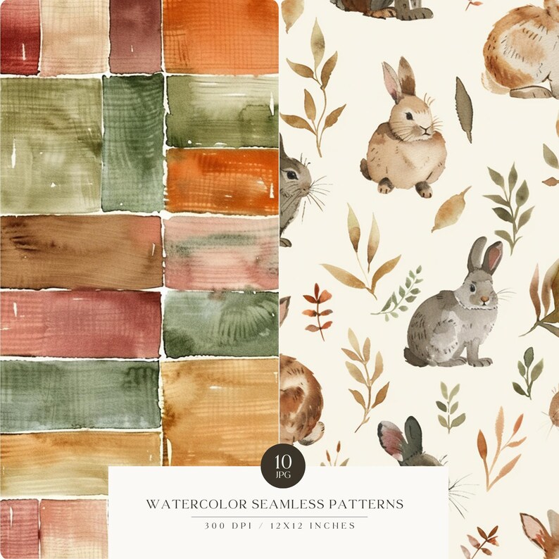 K&ouml;nnte beinhalten: Ein Set mit 10 nahtlosen Aquarellmustern mit Hasen und Bl&auml;ttern. Die Muster eignen sich perfekt f&uuml;r die Erstellung digitaler oder gedruckter Designs f&uuml;r Stoffe, Tapeten, Geschenkpapier und mehr.