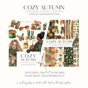 K&ouml;nnte beinhalten: Ein digitales Illustrationsset mit Aquarell-Cliparts und nahtlosen Mustern zum Thema Herbst. Das Set enth&auml;lt Bilder von K&uuml;rbissen, Bl&auml;ttern, Stiefeln, einer Suppensch&uuml;ssel, einem Schmetterling, einem Glas, einem Eichh&ouml;rnchen, einem Kaninchen und einer Frau, die einen Pullover tr&auml;gt. Die Muster umfassen eine Vielzahl von Farben und Designs, wie Gr&uuml;n, Braun, Orange und Wei&szlig;.